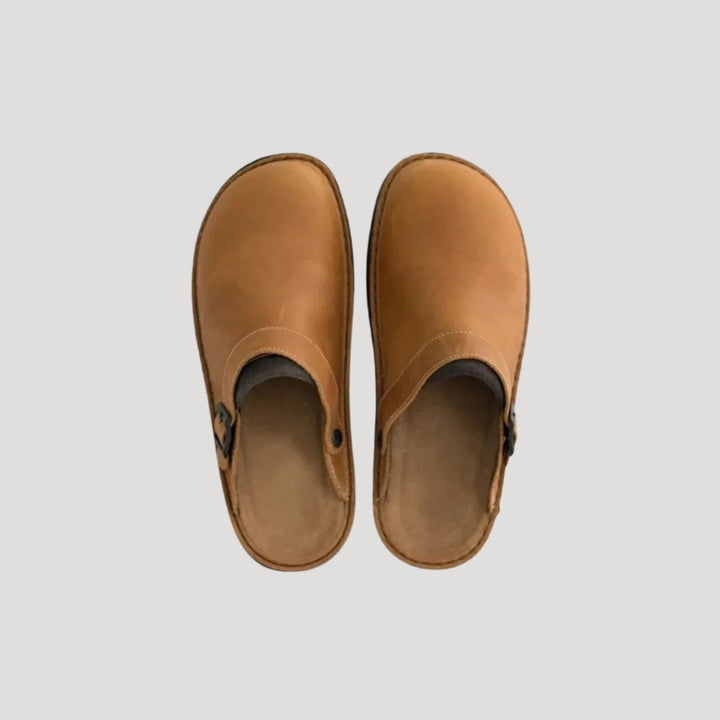 Eliana | Stylish Brown Leather Slip-On Clogs With Adjustable Strap