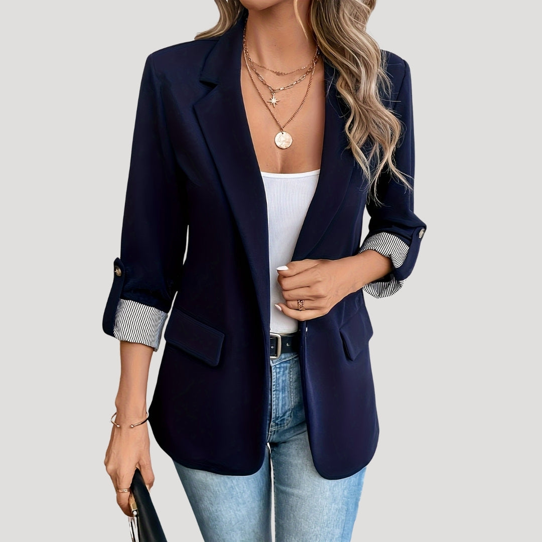 Rosanna | Chic Tailored Navy Blazer With Striped Cuff Detail