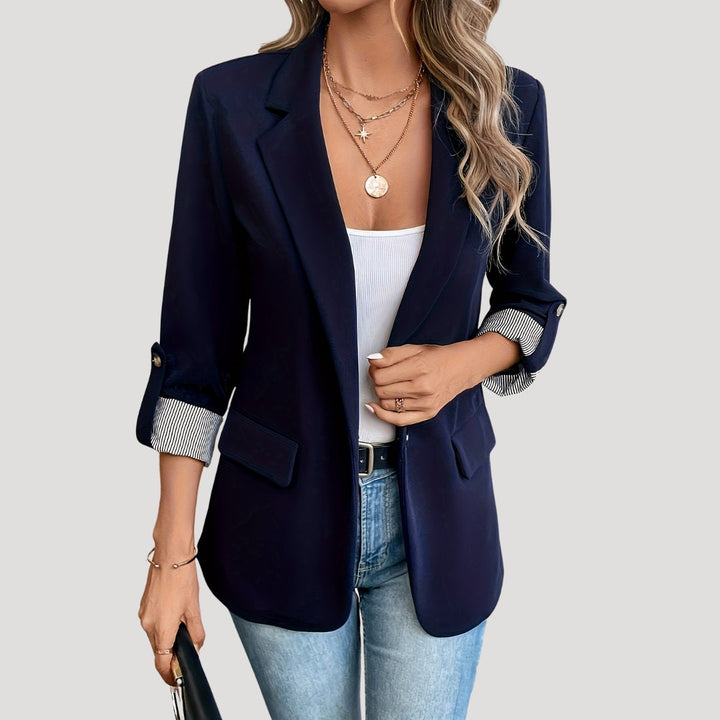 Rosanna | Chic Tailored Navy Blazer With Striped Cuff Detail
