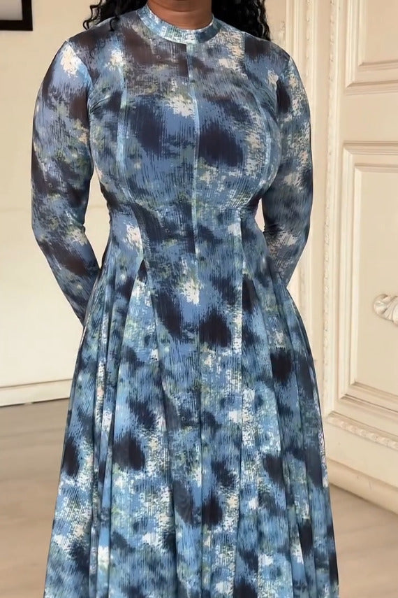 Sabine | Elegant High Neck Long Sleeve Tie Dye Maxi Dress