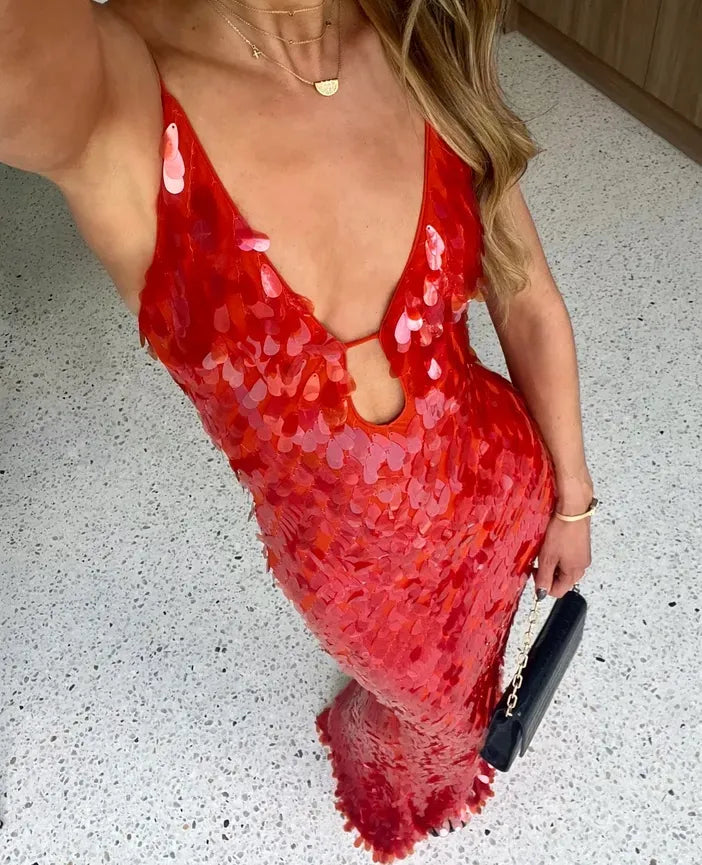 Sybil | Elegant Red Sequin V-Neck Mermaid Gown