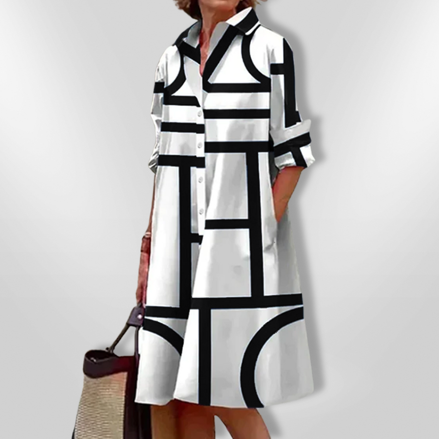 Freya | Chic Geometric Print Shirt Midi Dress With Pockets