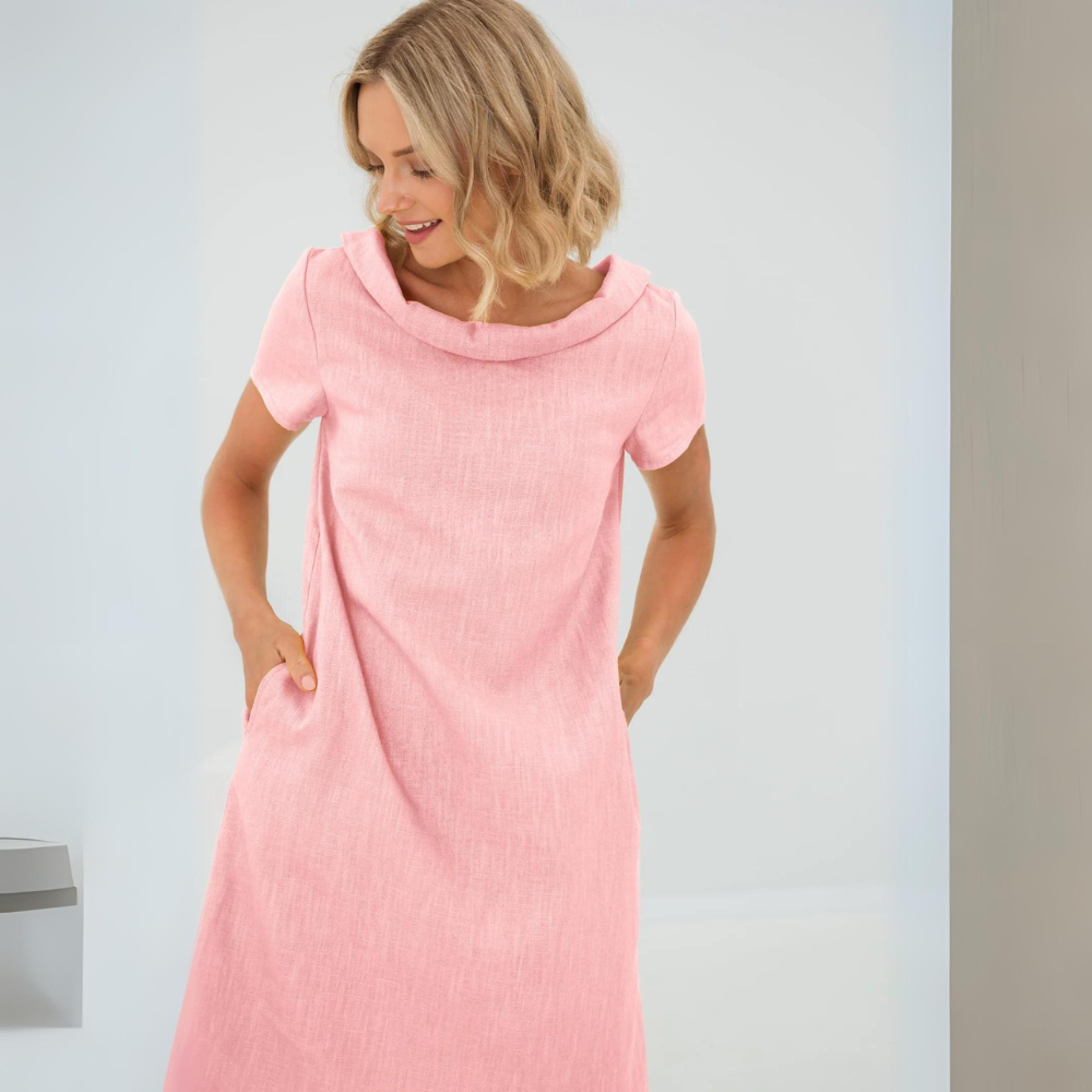 Sofia | Elegant Cowl Neck Short Sleeve Linen Midi Dress