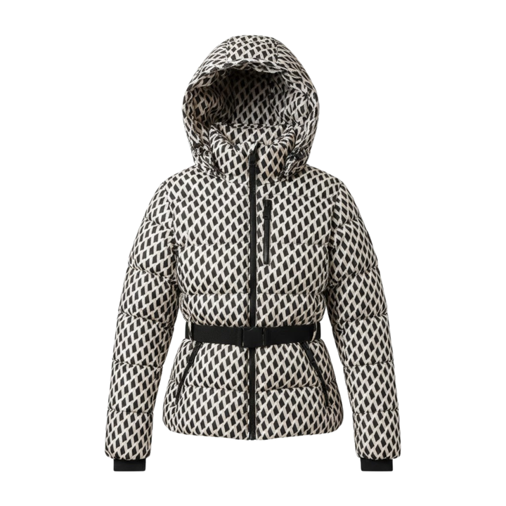 Tilly | Elegant Geometric Print Belted Hooded Ski Jacket
