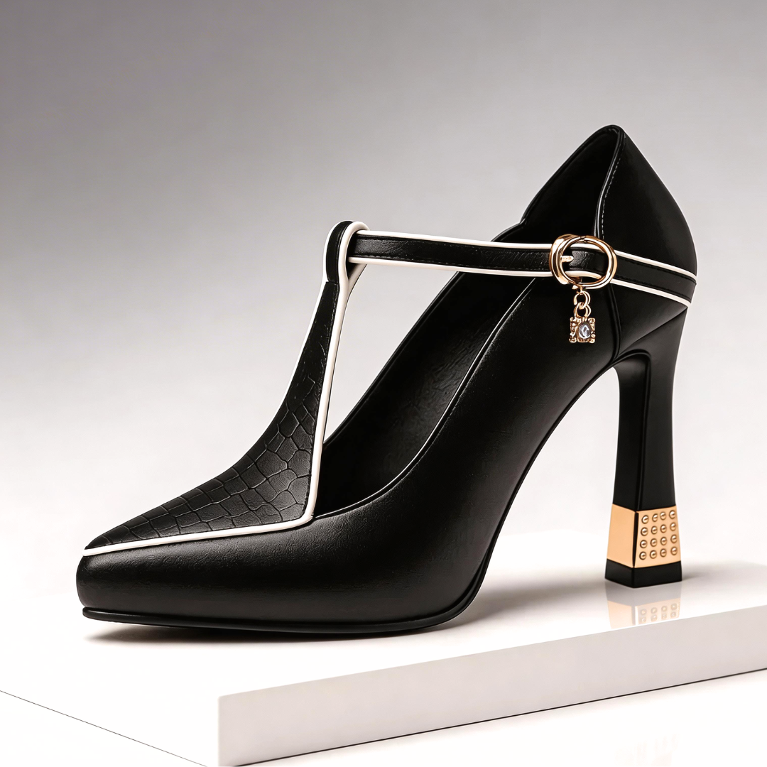 Ruby | Elegant Black T-Strap Block Heels With Gold Accents