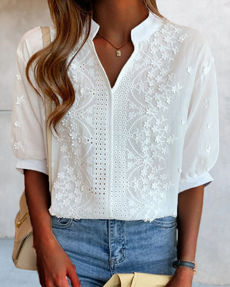 BREELYN | Elegant White V-Neck Puff Sleeve Lace Blouse