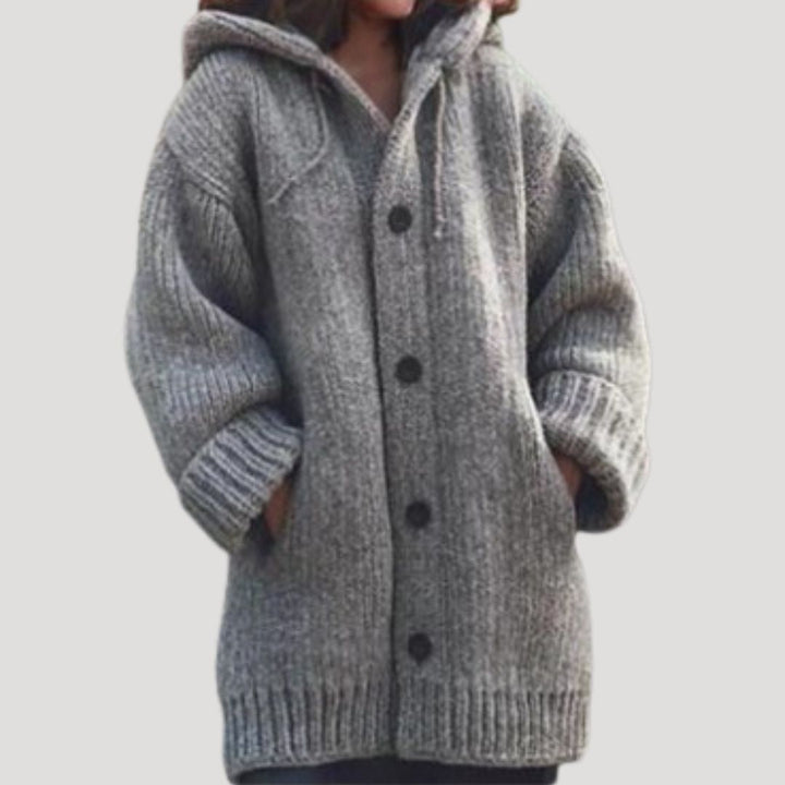 Evelyn | Stylish Chunky Knit Hooded Long Cardigan With Button Front