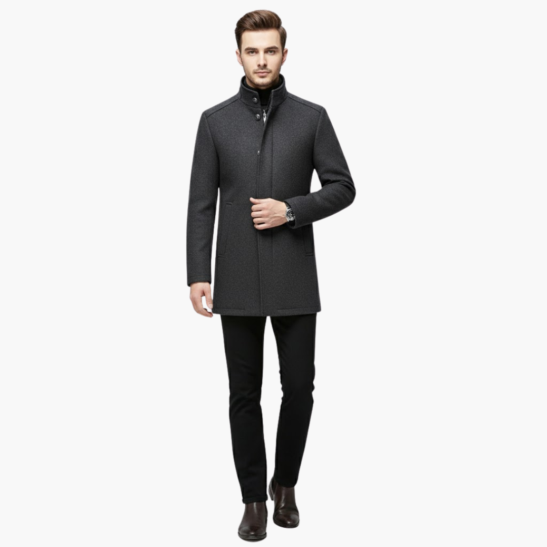 Phoebe | Elegant Men's Brown Wool Overcoat With Stand Collar