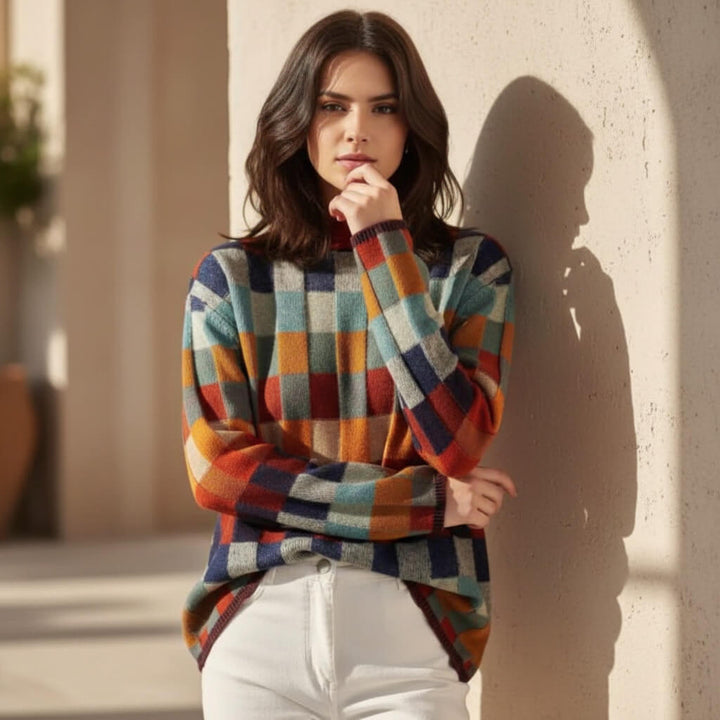 Eloise | Chic Checkered Mock Neck Merino Wool Sweater