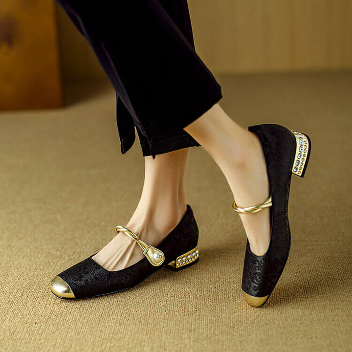 Eliza | Elegant Embroidered Mary Jane Flats With Gold Accents