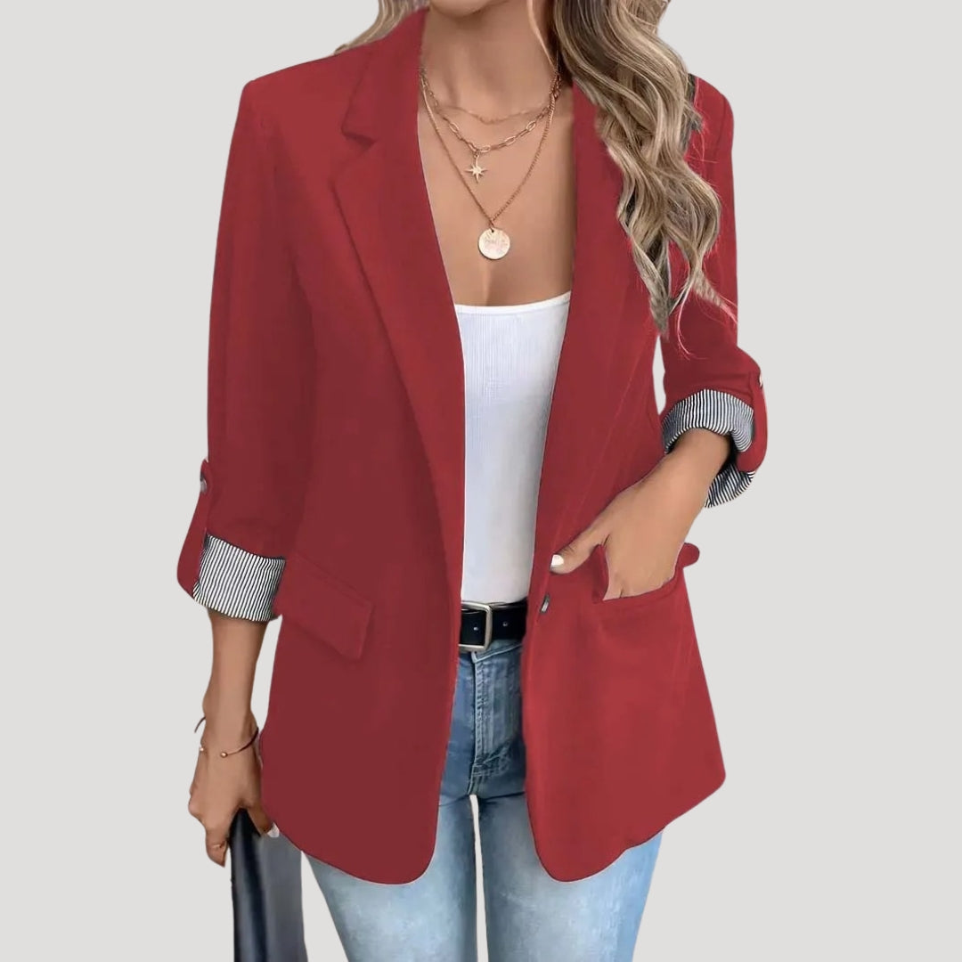 Rosanna | Chic Tailored Navy Blazer With Striped Cuff Detail