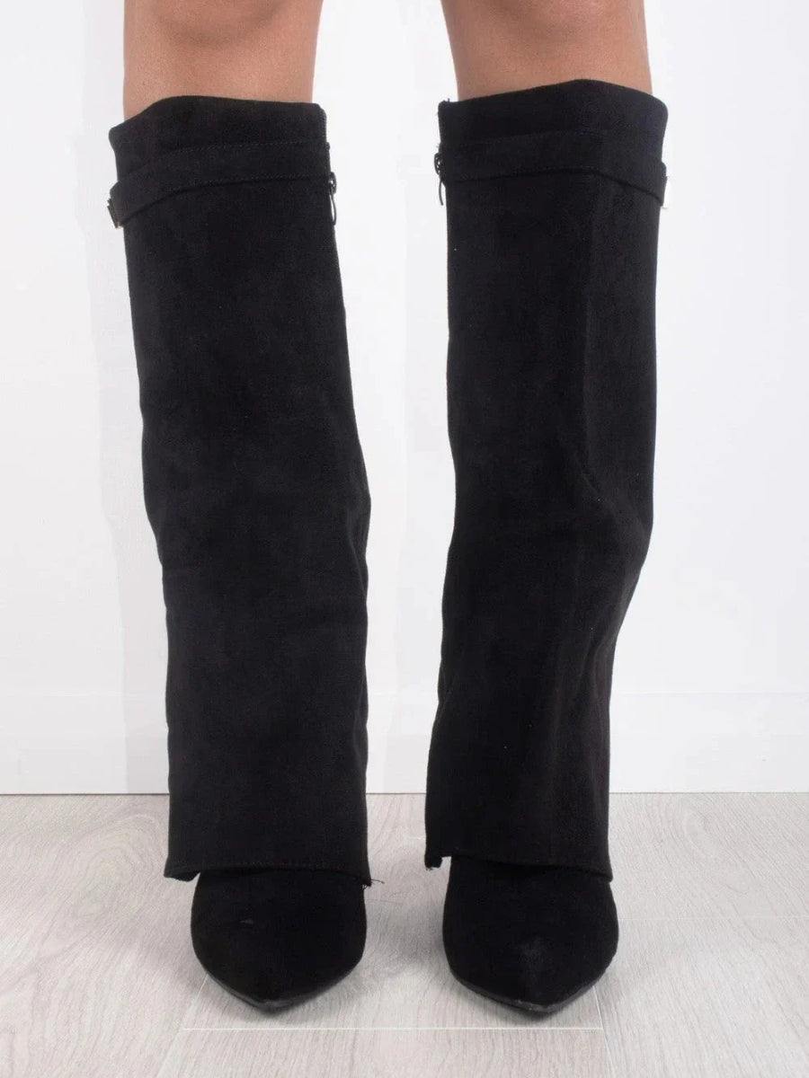 Ruby | Elegant Black Suede Knee-High Boots With Gold Hardware