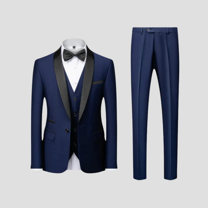 Men's Navy Three-Piece Tuxedo With Black Lapels And Bow Tie