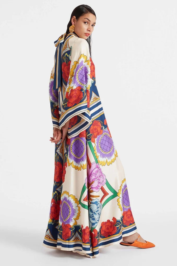 Octavius | Elegant V-Neck Floral Print Maxi Dress With Sleeves