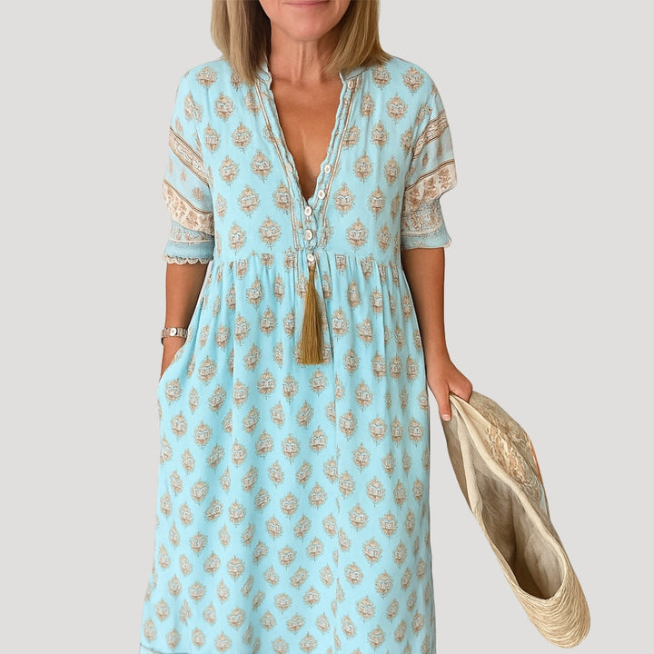 Naomi | Boho V-Neck Tiered Midi Dress With Tassel Details
