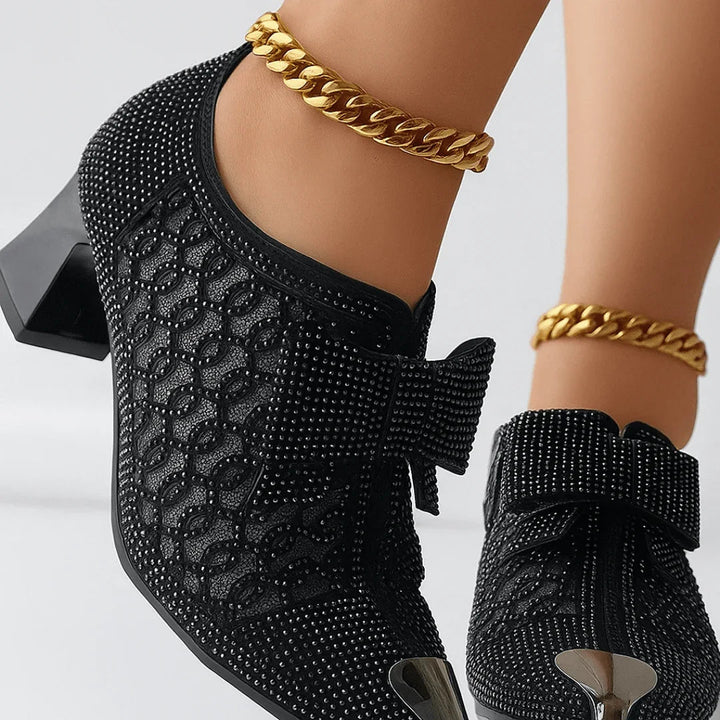 Margot | Elegant Rhinestone Bow Block Heels With Metallic Pointed Toe