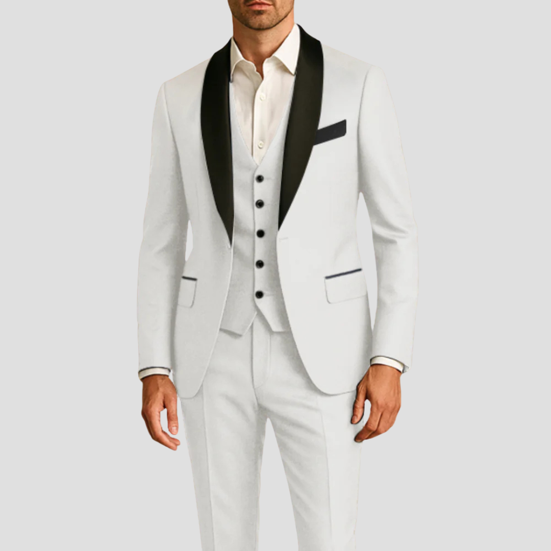 Men's Navy Three-Piece Tuxedo With Black Lapels And Bow Tie