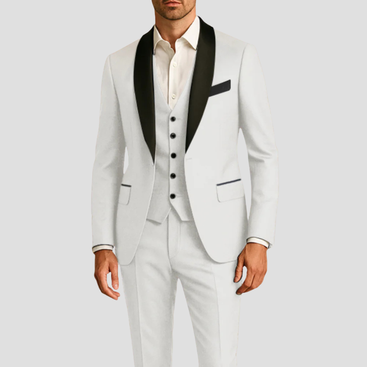 Men's Navy Three-Piece Tuxedo With Black Lapels And Bow Tie