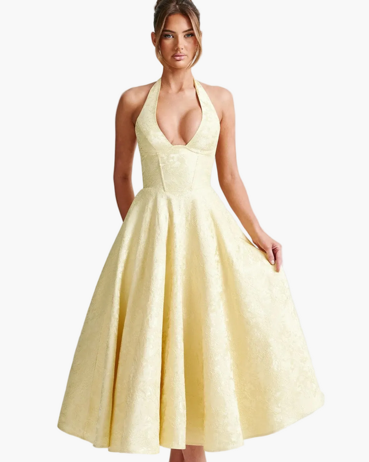 Penelope | Elegant White Halter Midi Dress With Flared Skirt