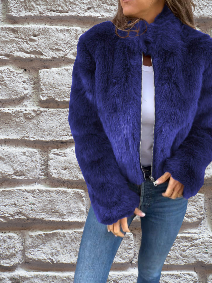Natalie | Luxe Brown Faux Fur Cropped Jacket With Zipper