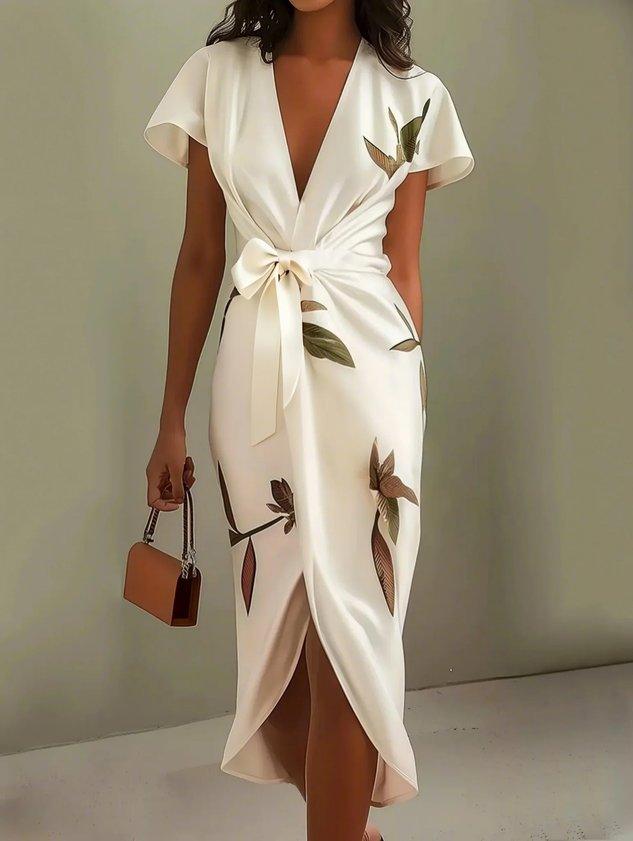Evangeline | Elegant V-Neck Floral Wrap Midi Dress