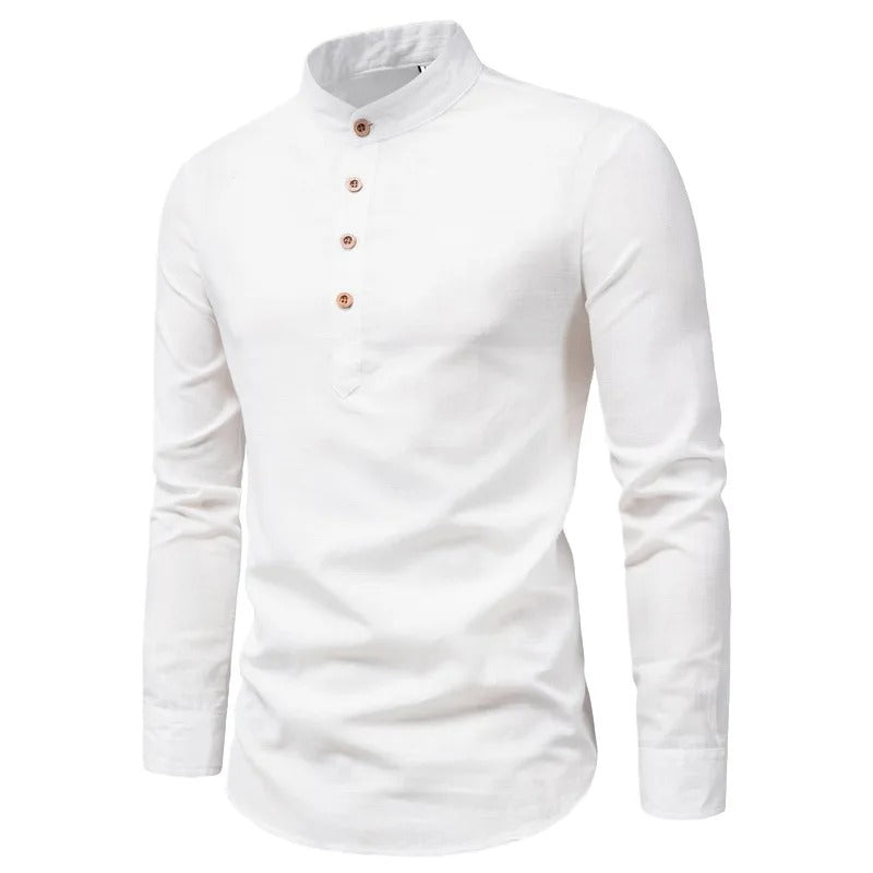 Evy | Elegant Men's White Linen Shirt With Mandarin Collar