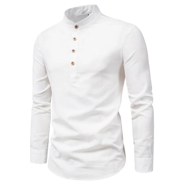 Evy | Elegant Men's White Linen Shirt With Mandarin Collar