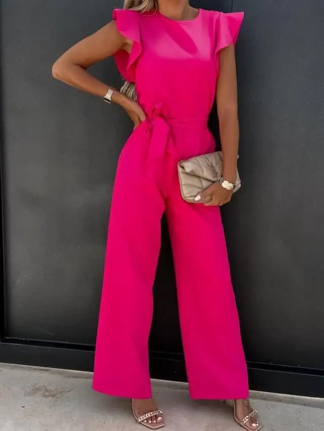 Maeve | Elegant Flutter Sleeve Wide Leg Jumpsuit With Belt