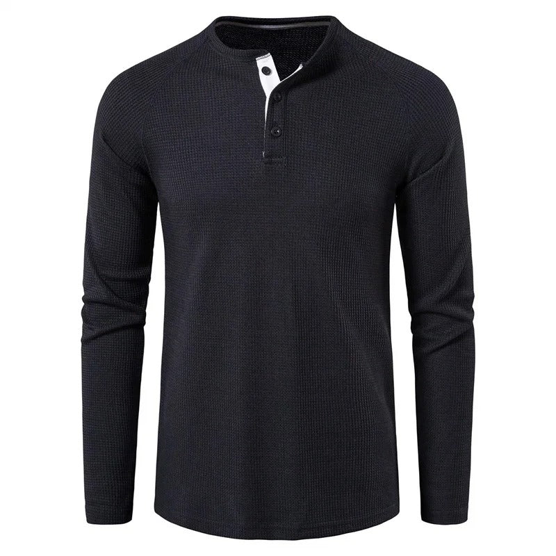 Evelyn | Elegant Men's Gray Waffle Knit Henley Long Sleeve Shirt