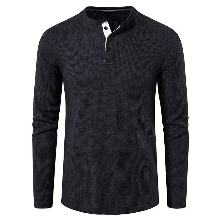 Evelyn | Elegant Men's Gray Waffle Knit Henley Long Sleeve Shirt