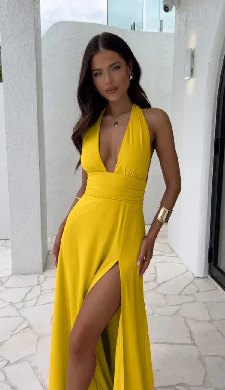 Serena | Elegant Halter Maxi Dress With Thigh Split