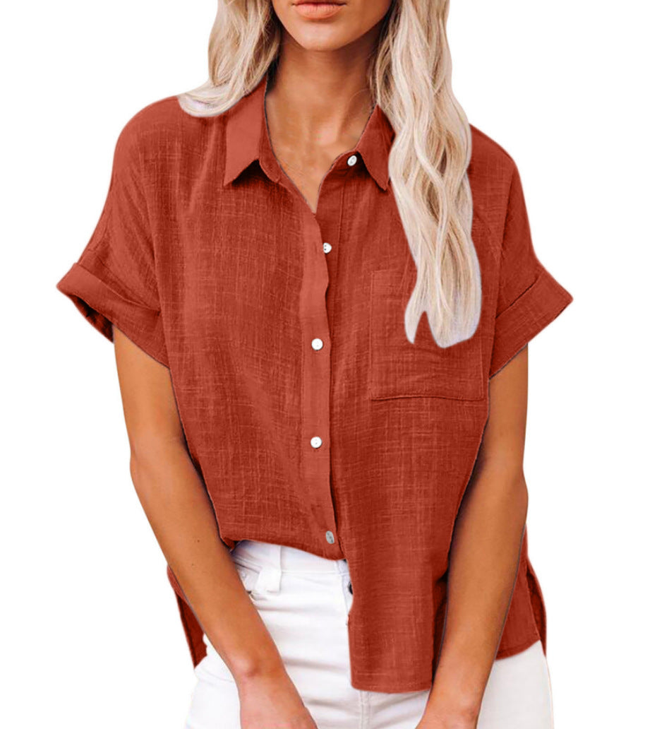 Tillie | Chic Cotton Linen Button Up Blouse With Short Sleeves
