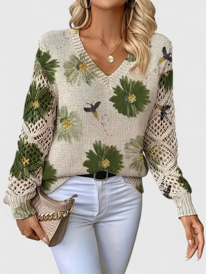 Millie | Elegant V-Neck Floral Knit Sweater With Lace Sleeves