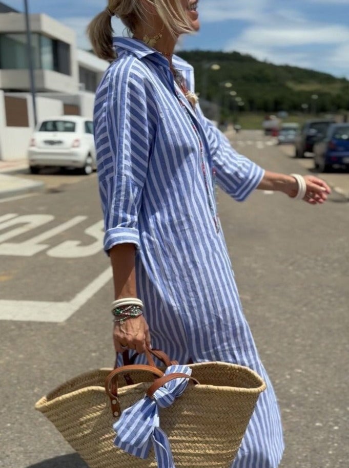 Veronica | Elegant Striped Midi Shirt Dress With Button Front