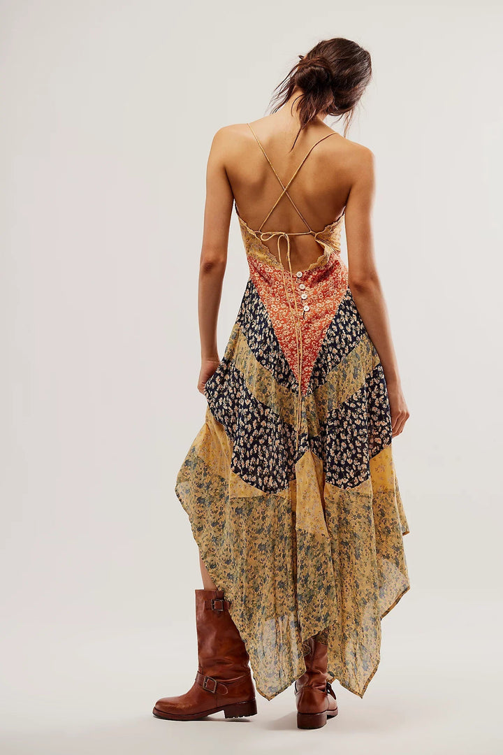 Sage | Stylish Patchwork Floral Maxi Dress With Backless Design