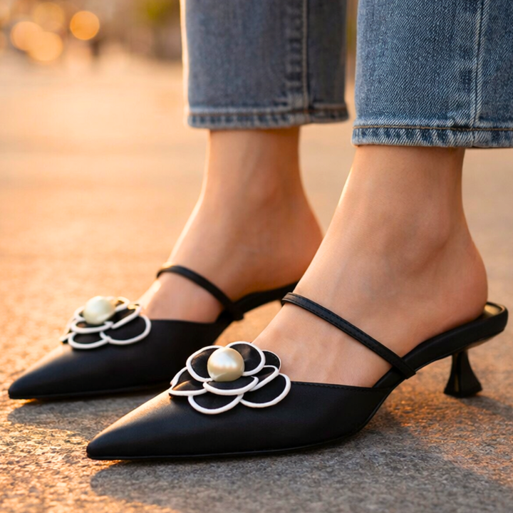 Esther | Elegant Pearl Embellished Pointed Toe Kitten Heels