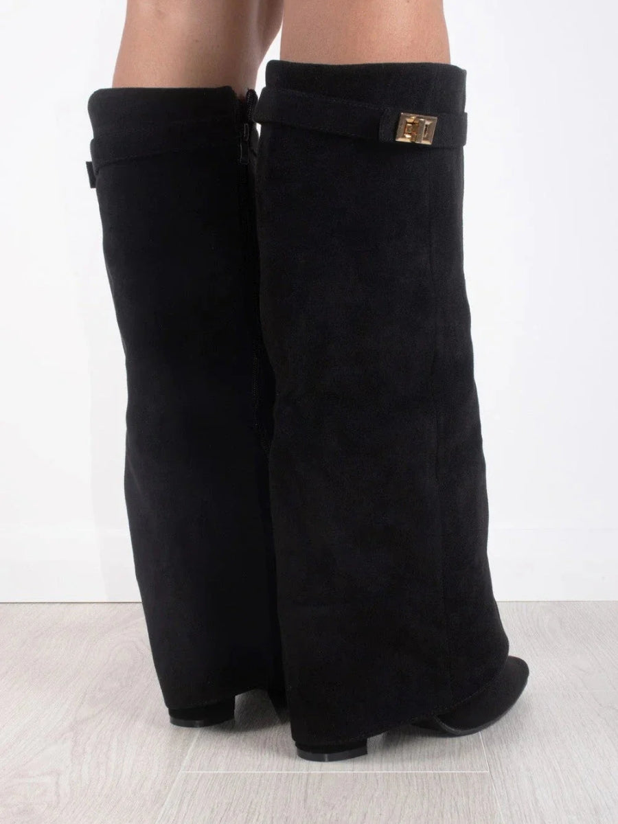 Ruby | Elegant Black Suede Knee-High Boots With Gold Hardware