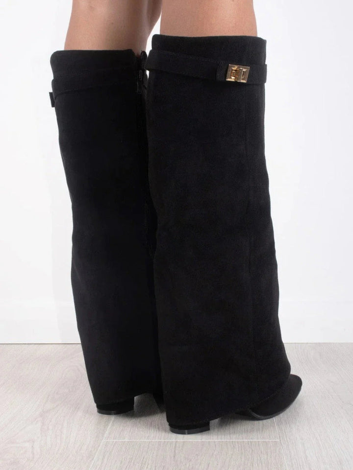 Ruby | Elegant Black Suede Knee-High Boots With Gold Hardware