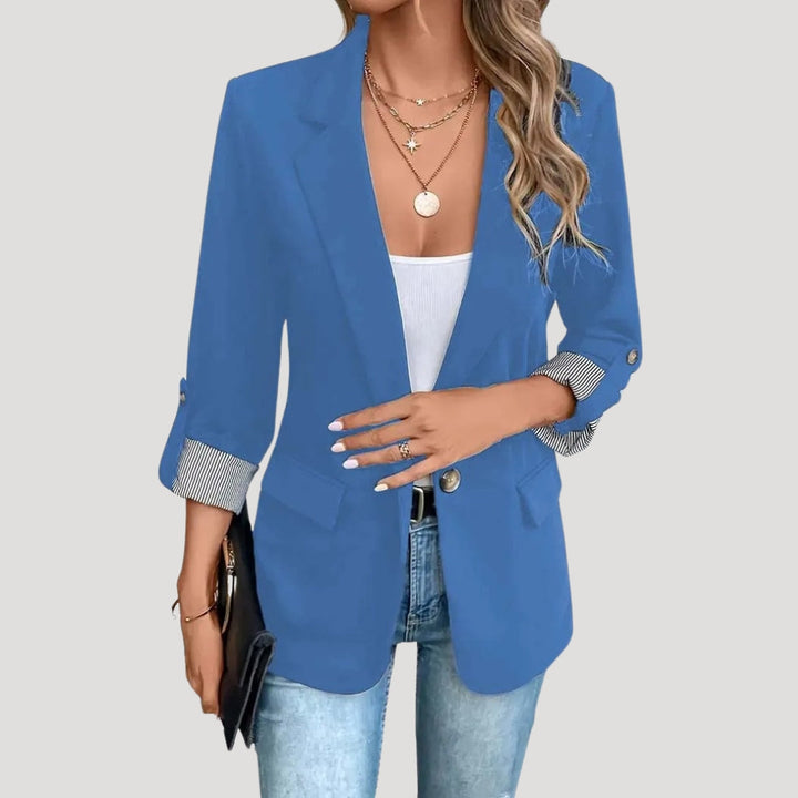 Rosanna | Chic Tailored Navy Blazer With Striped Cuff Detail