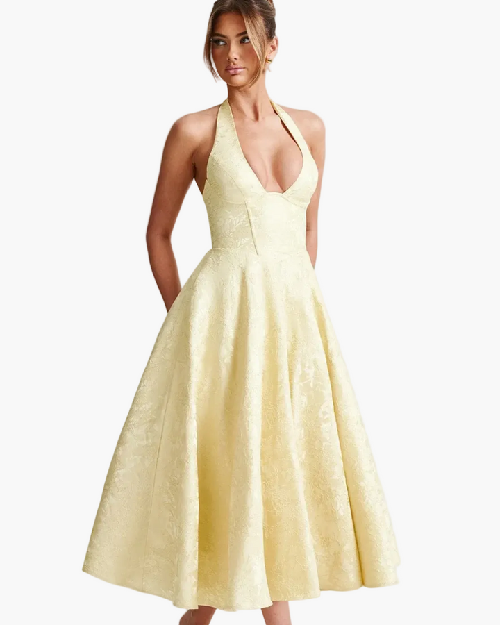 Penelope | Elegant White Halter Midi Dress With Flared Skirt