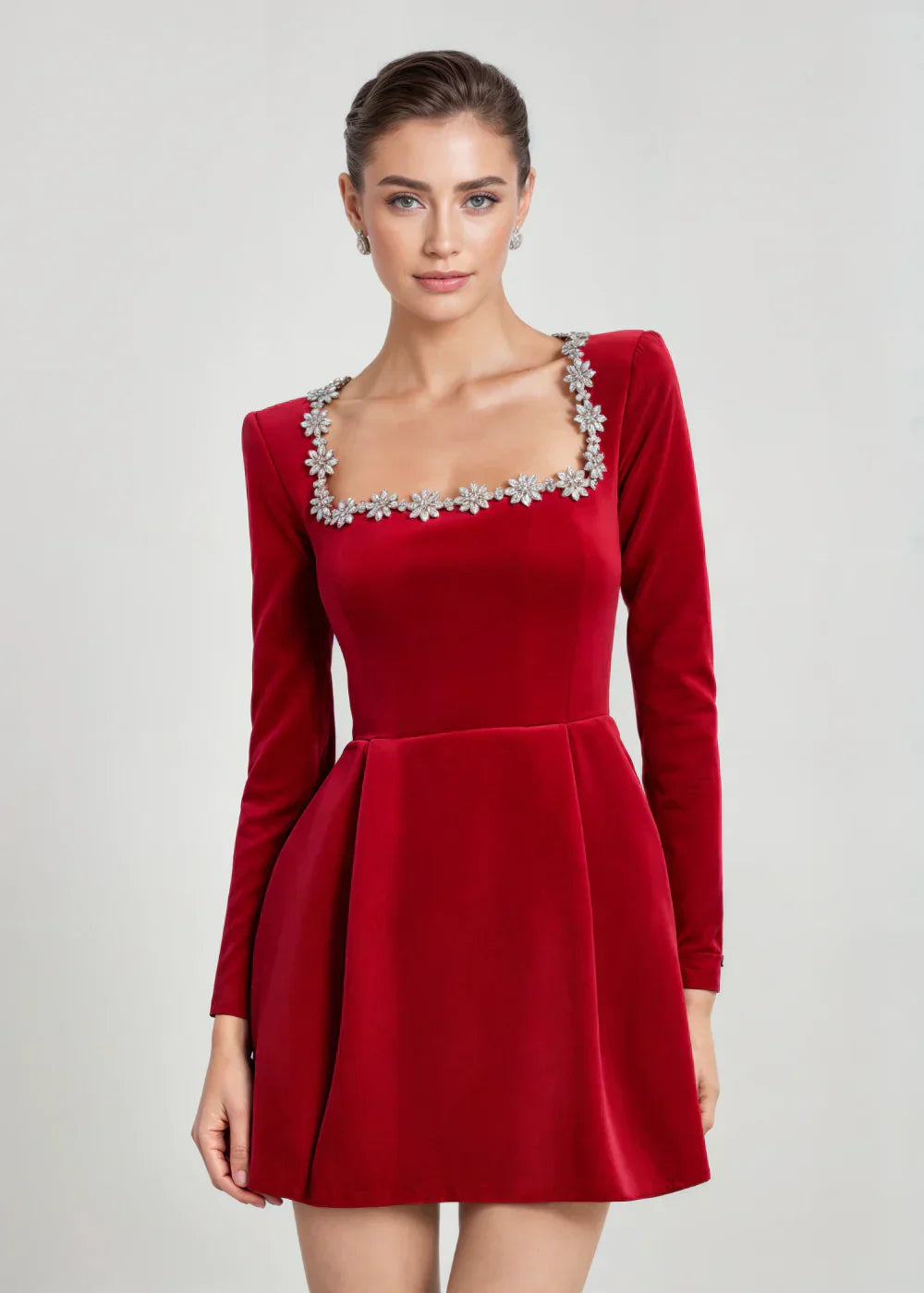 Blythe | Elegant Square Neck Velvet Mini Dress With Long Sleeves