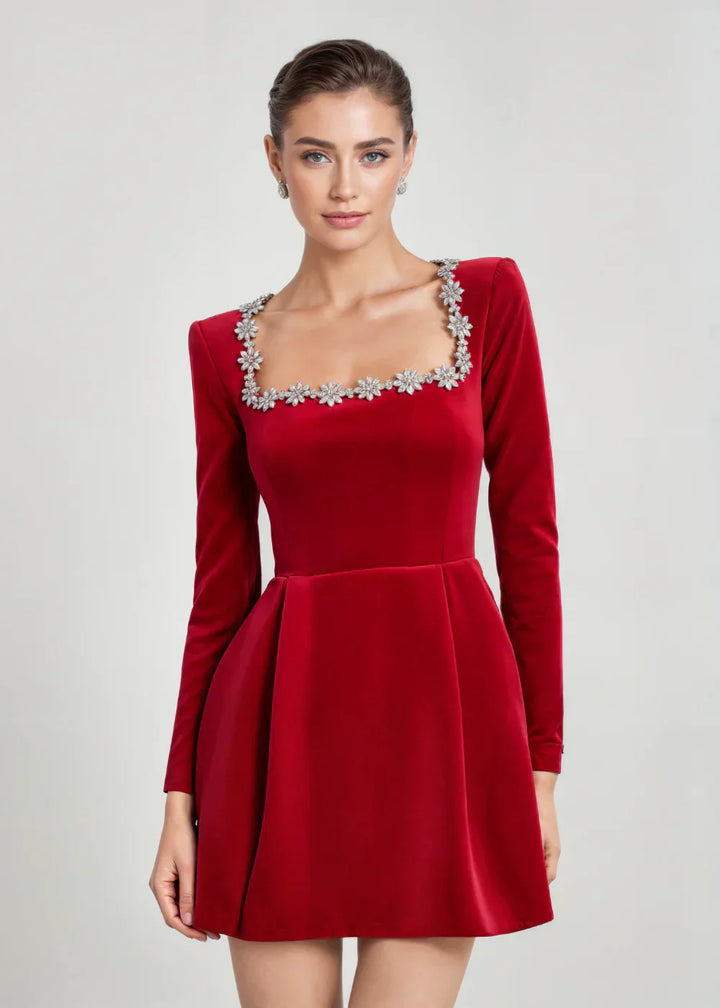 Blythe | Elegant Square Neck Velvet Mini Dress With Long Sleeves
