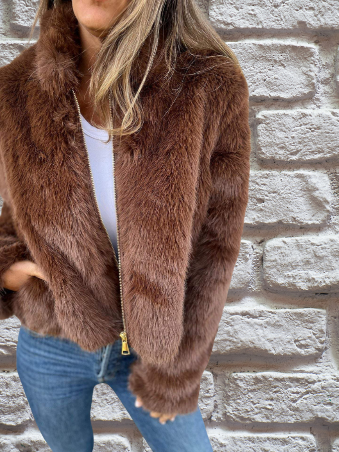 Natalie | Luxe Brown Faux Fur Cropped Jacket With Zipper