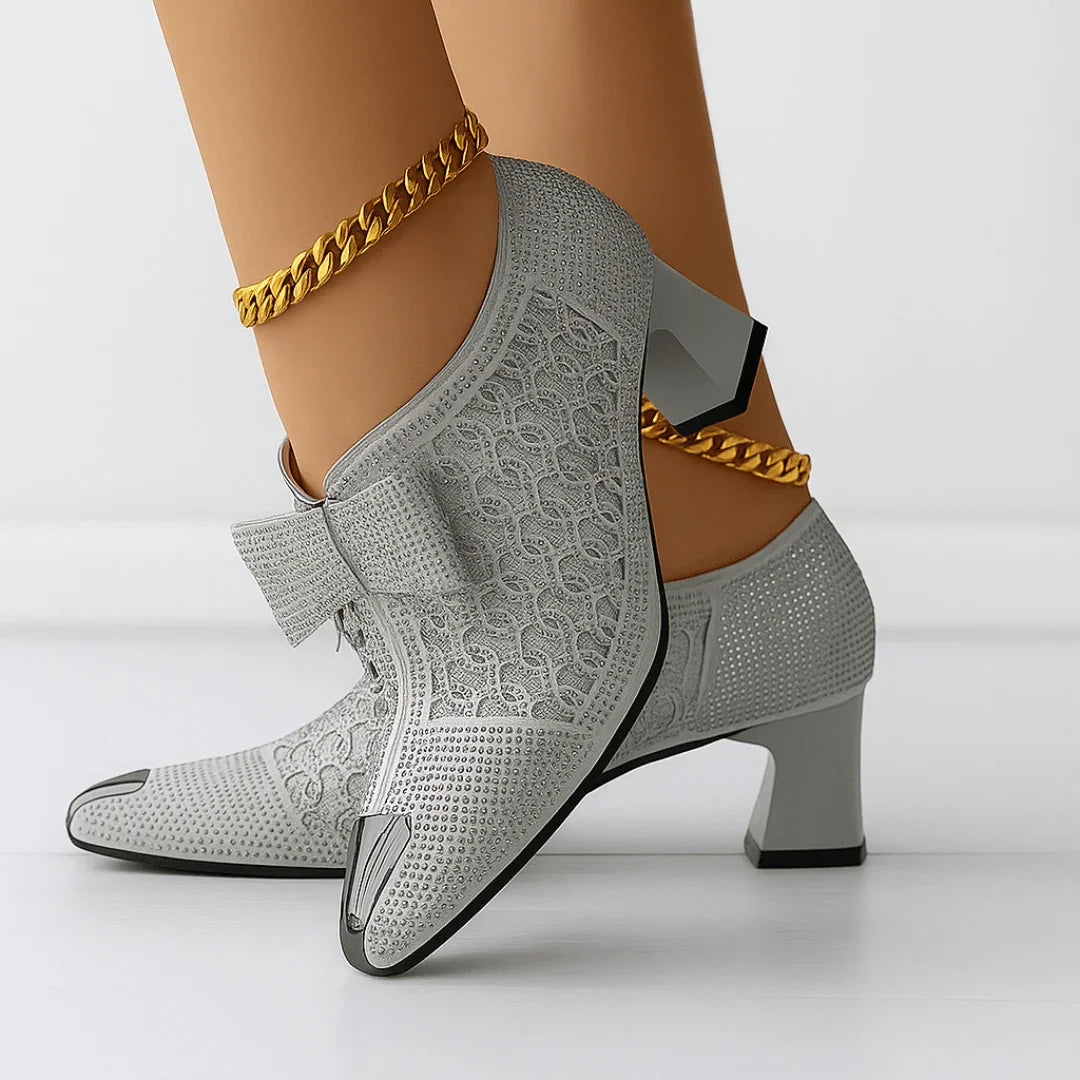 Margot | Elegant Rhinestone Bow Block Heels With Metallic Pointed Toe