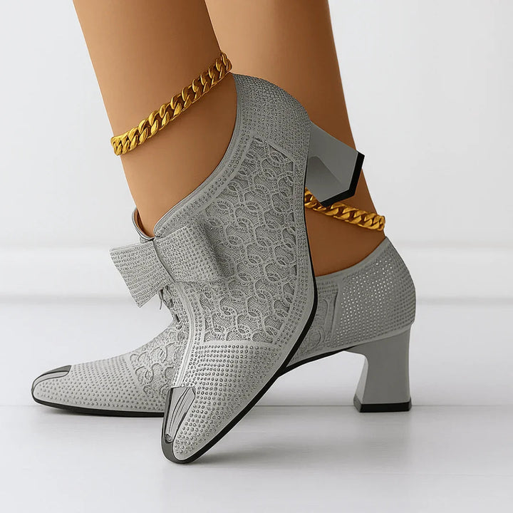 Margot | Elegant Rhinestone Bow Block Heels With Metallic Pointed Toe