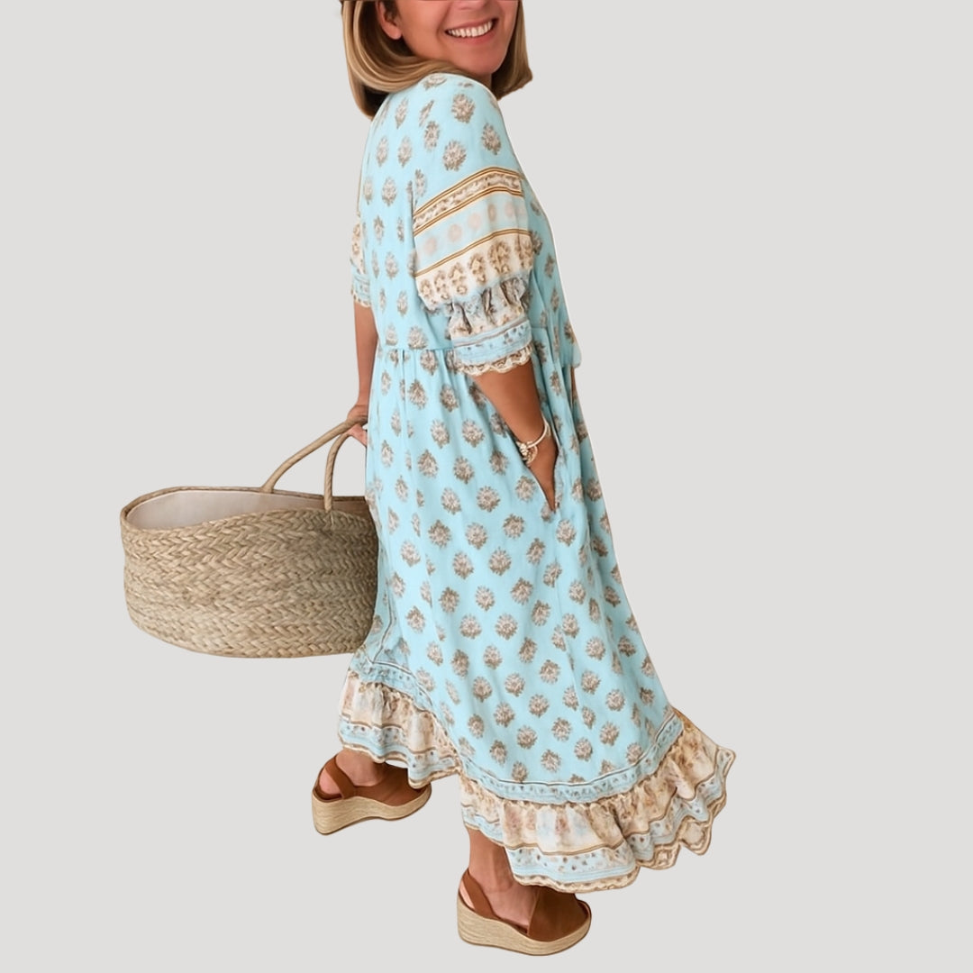 Eliana | Boho V-Neck Tiered Midi Dress With Tassels