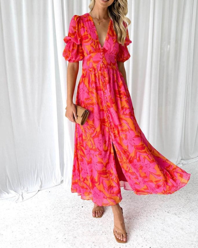 Molly | Elegant Floral V-Neck Puff Sleeve Maxi Dress
