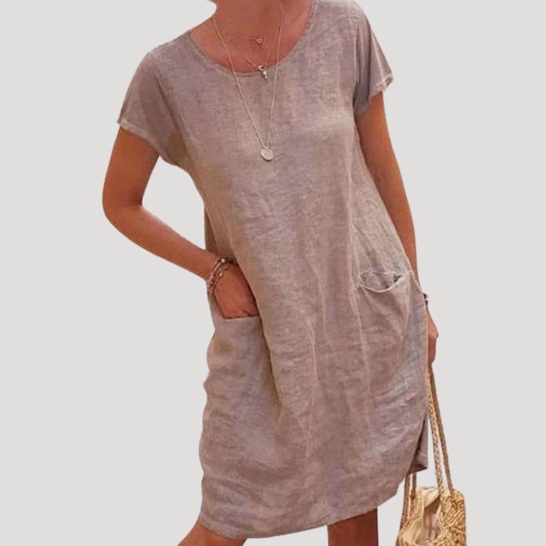 Cordelia | Casual Cotton Midi Dress With Pockets Short Sleeve