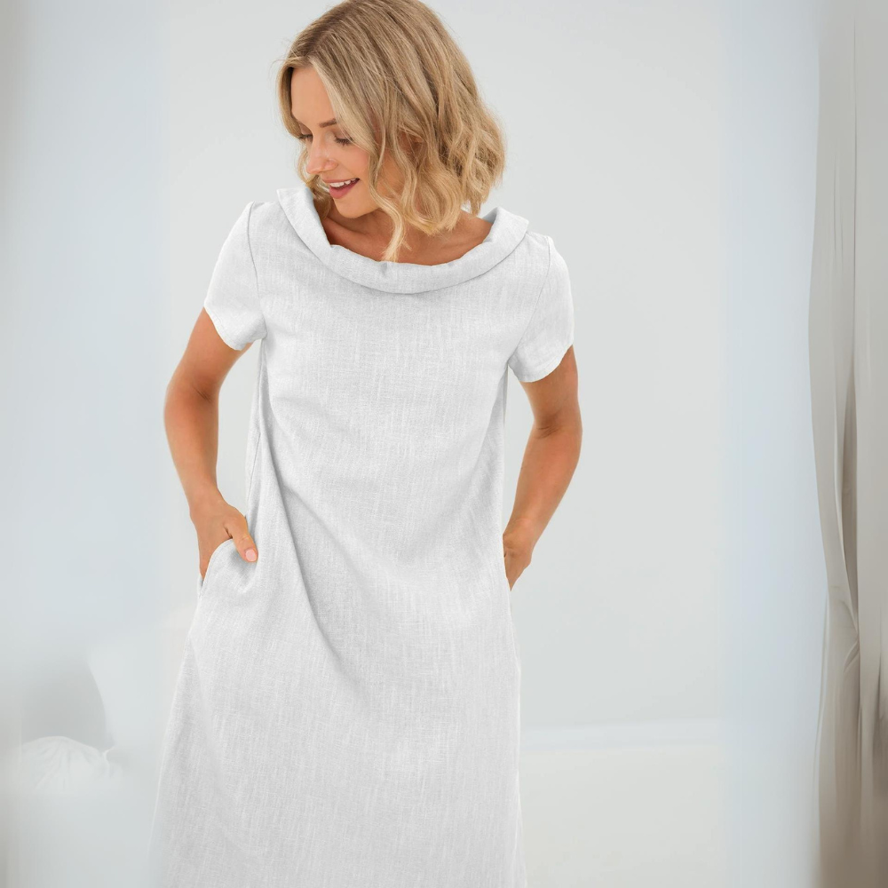 Sofia | Elegant Cowl Neck Short Sleeve Linen Midi Dress