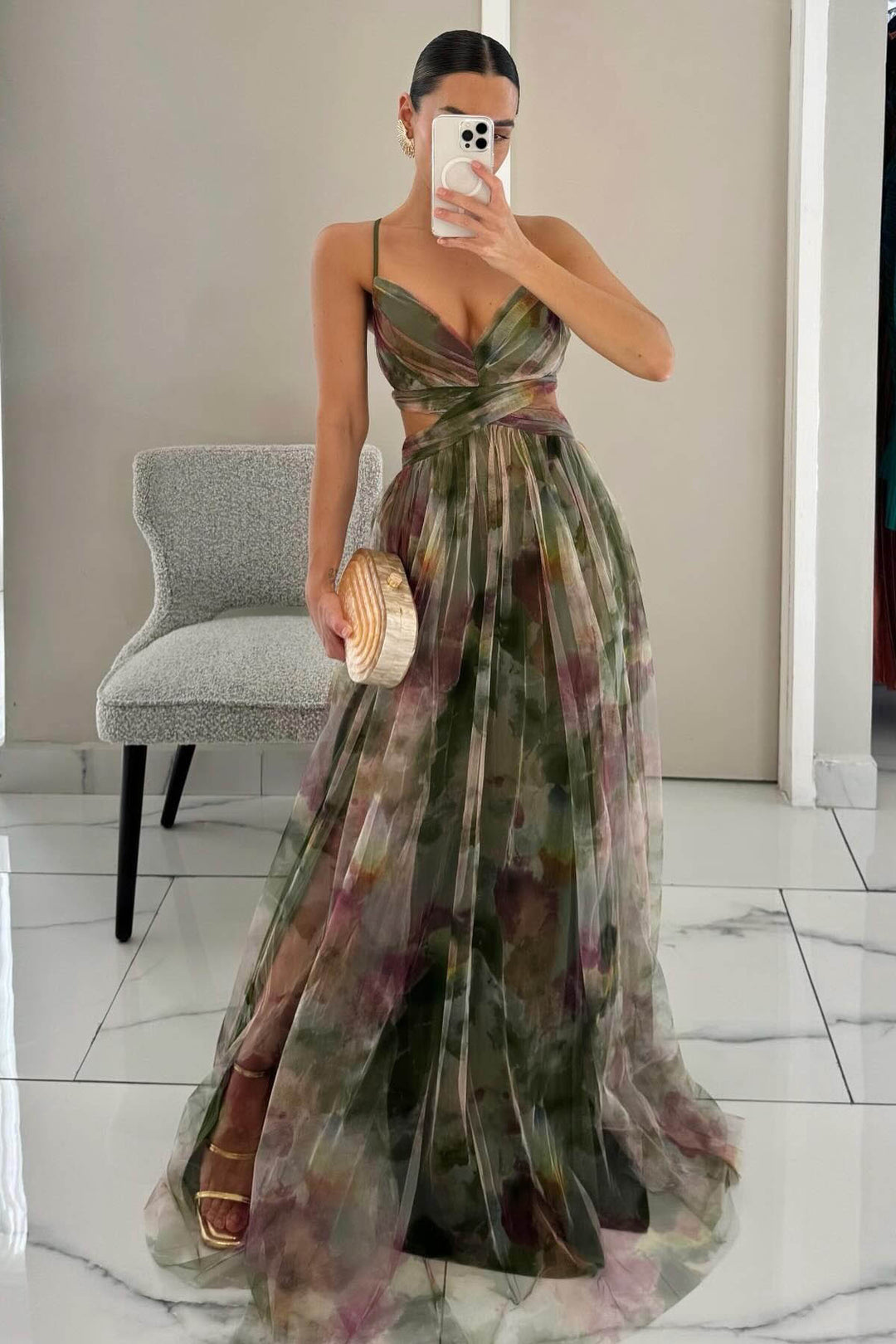 Dorothea | Elegant Painted Floral V-Neck A-Line Maxi Dress